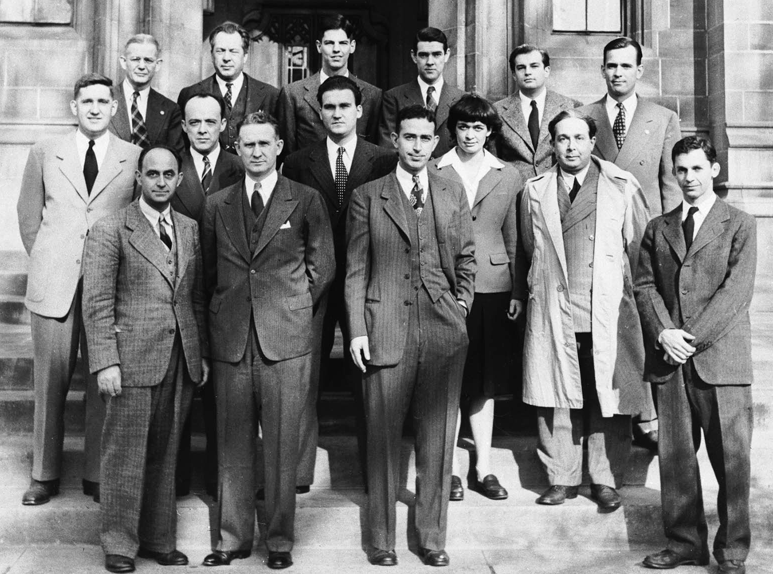 Enrico Fermi (front left) and the Canadian scientist Walter Zinn (second from left). Photo courtesy Wikimedia Commons.

