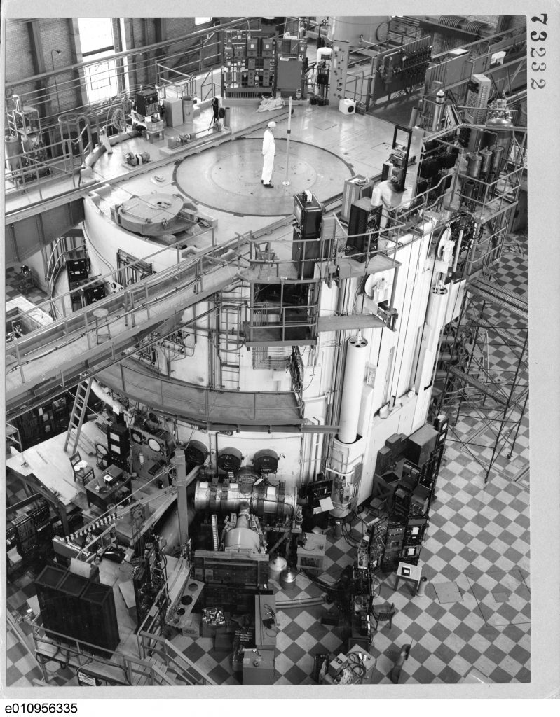 The heavy-water-moderated NRX (National Research Experimental) nuclear reactor—the forerunner of the CANDU nuclear reactor—at Chalk River, Ontario.