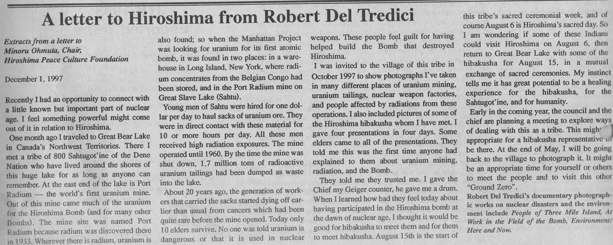 A letter to Hiroshima from Robert Del Tredici newspaper clipping