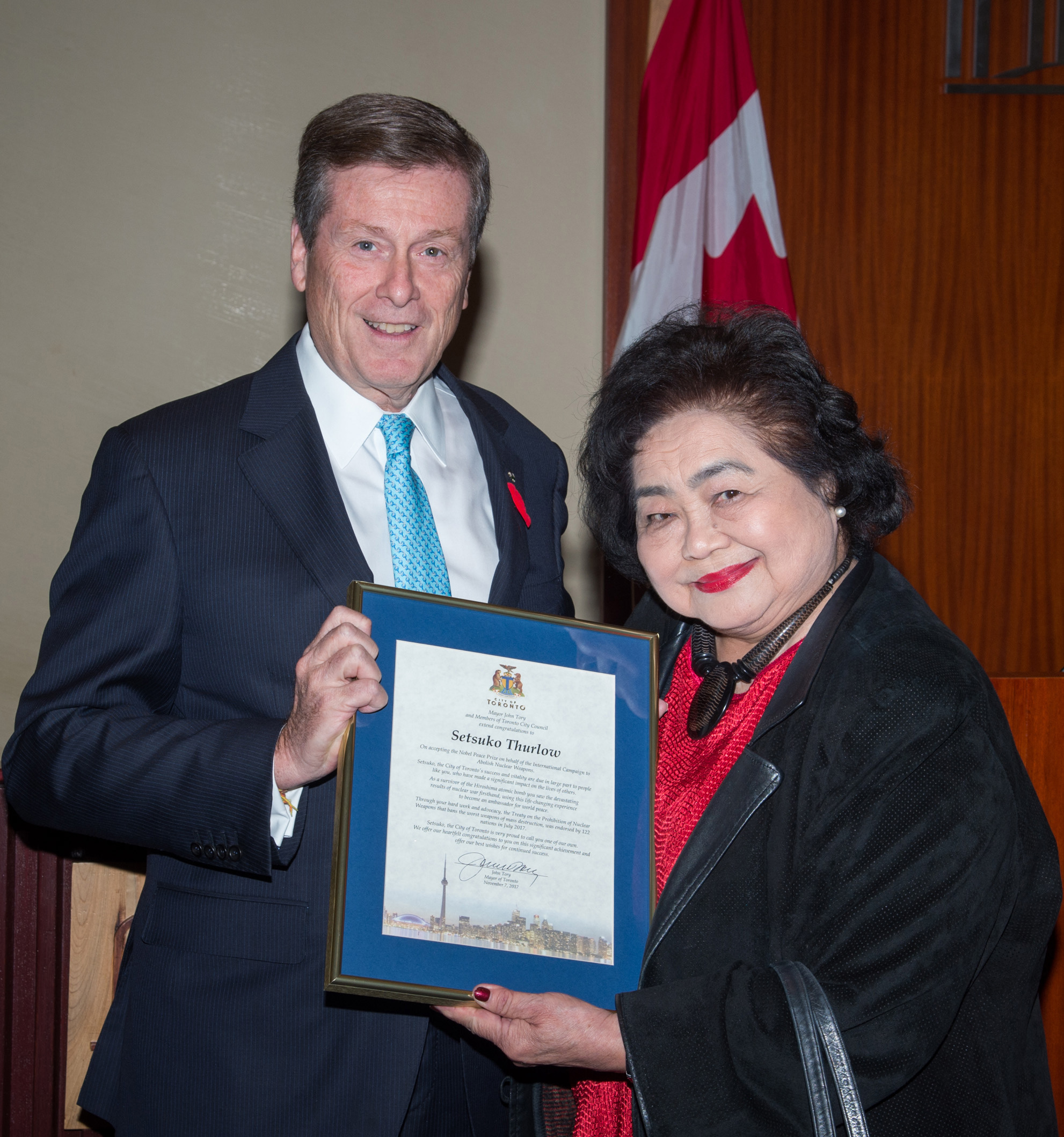 Mayor John Tory and Toronto City Council honoured Setsuko Thurlow for her peace activism on behalf of nuclear weapons abolition at a city council meeting