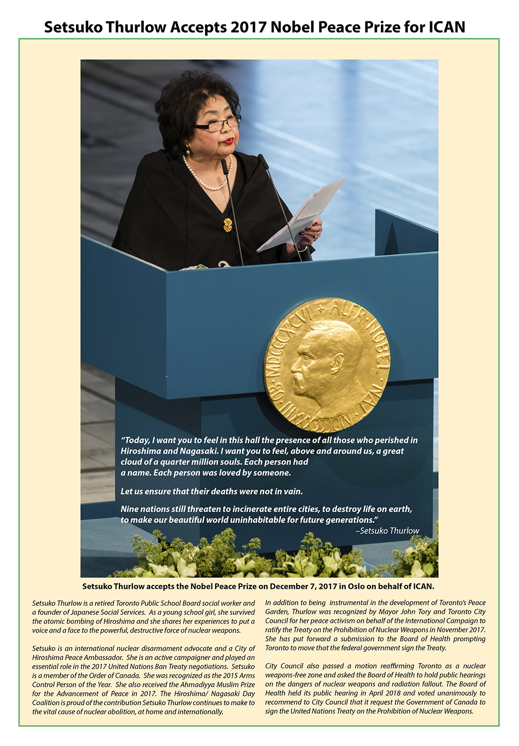 Newspaper clipping of setsuko Thurlow accepting the 2017 Nobel Peace Prize for ICAN.