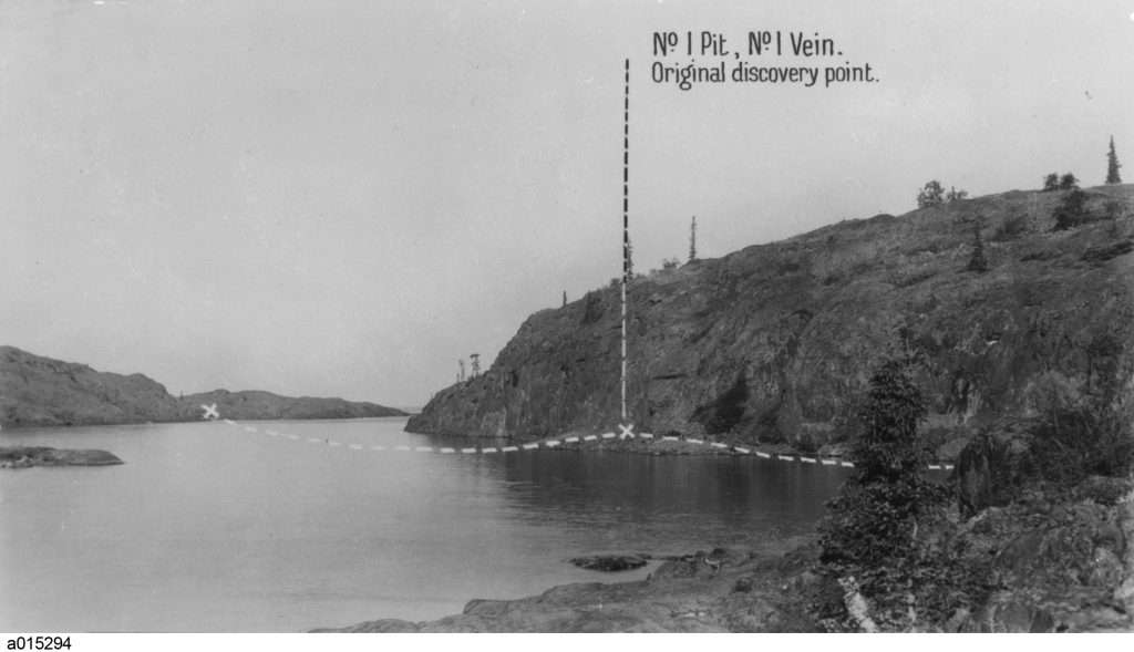 The South Side of LaBine Point showing pitchblende discovery point X and course of No. 1 vein looking Northwest, Great Bear Lake area, N.W.T.